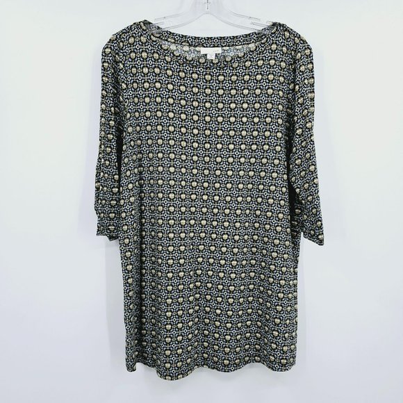 J Jill Top M P Petite Elbow Sleeve Blue Tan Medallion Print Pima Cotton Casual - Picture 1 of 10